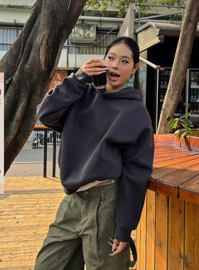 F383 2026美式重磅纯色简约设计连帽卫衣复古cleanfit短款帽衫潮