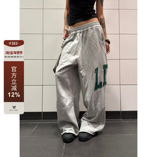 F383 美式复古字母印花卫裤男女宽松直筒阔腿拖地百搭长裤子辣妹