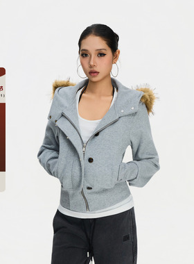 F383 美式复古辣妹连帽毛领灰色卫衣外套女短款纯色休闲百搭上衣