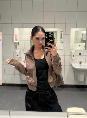 F383 美式复古铆钉做旧泼墨辣妹立领短款外套女秋季休闲短上衣潮