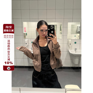 休闲短上衣潮 F383 美式 复古铆钉做旧泼墨辣妹立领短款 外套女秋季