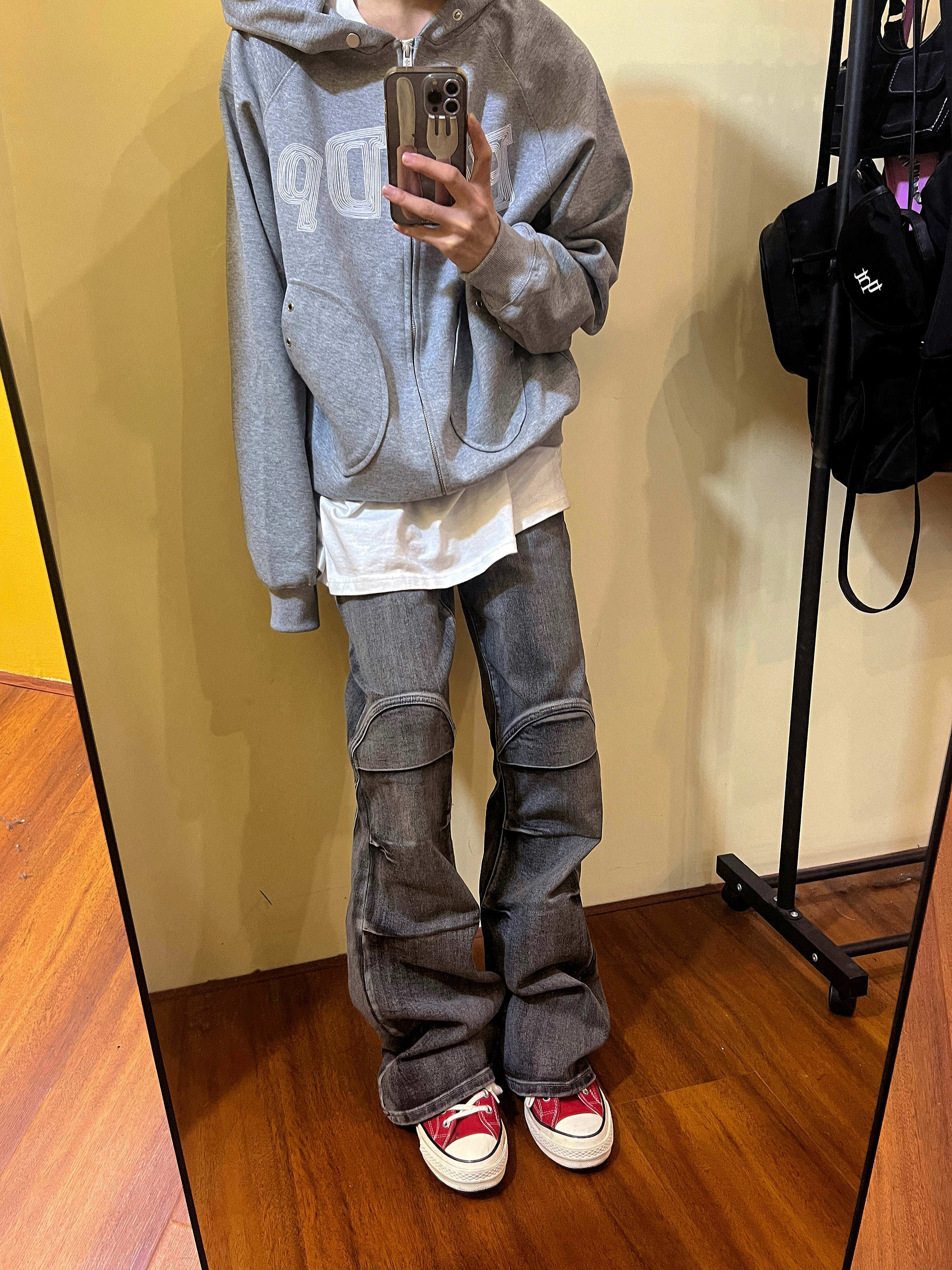 F383 2023AW国潮原创美式复古水洗做旧褶皱直筒微喇牛仔长裤男女