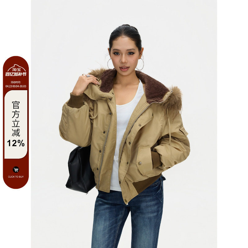 F383 美式复古连帽飞行员毛领棉服外套男女加厚保暖夹克派克服ins