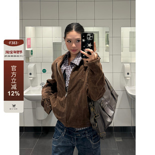 F383 美式复古咖色绒皮哈灵顿立领夹克男女宽松休闲麂皮外套情侣