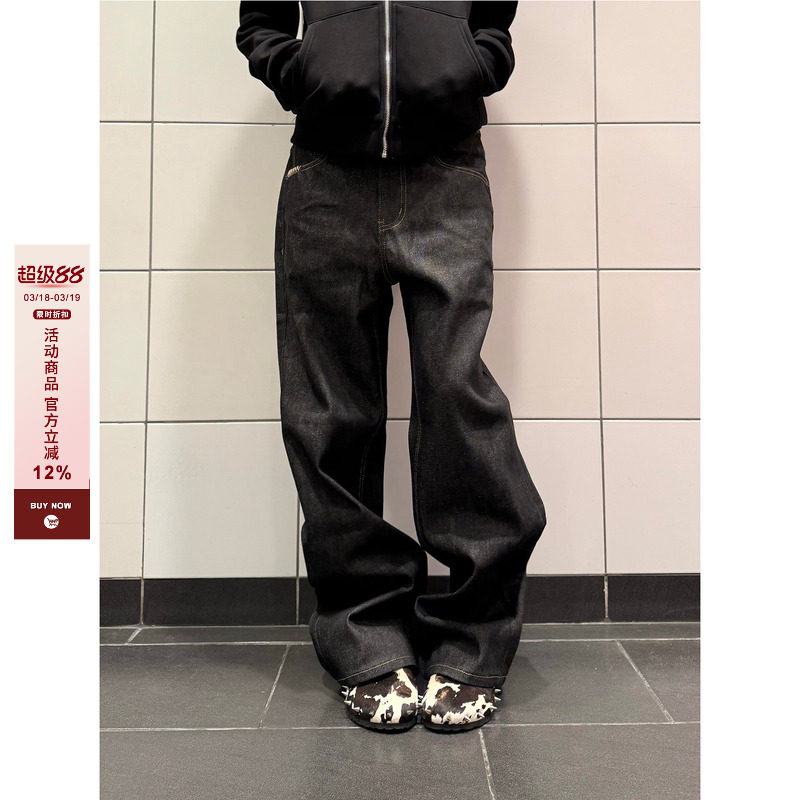 F383 美式复古cleanfit原牛黑色牛仔裤男女潮流休闲宽松阔腿裤子