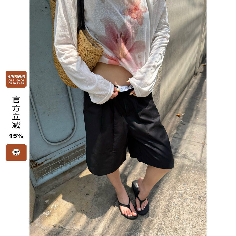 F383 美式复古垂感褶皱五分西裤夏薄休闲阔腿廓形西装短裤男女ins