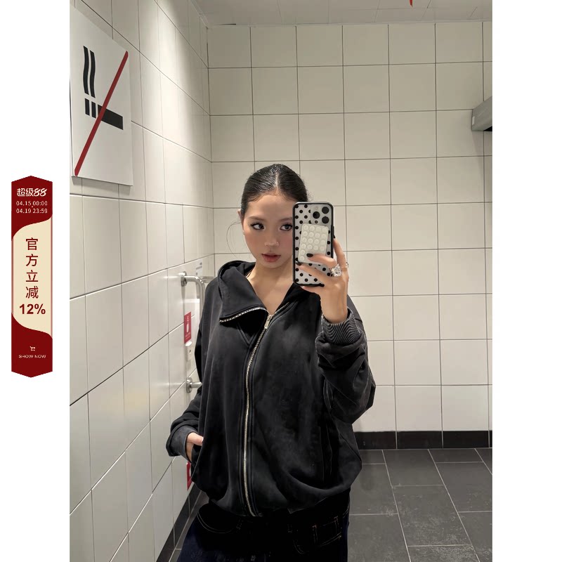 F383 美式复古水洗拉链卫衣做旧宽松连帽cleanfit外套上衣男女ins