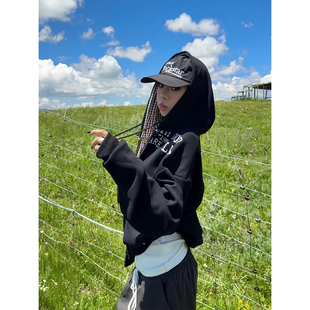 外套 复古设计感内里格纹连帽卫衣男女宽松休闲百搭帽衫 F383 美式