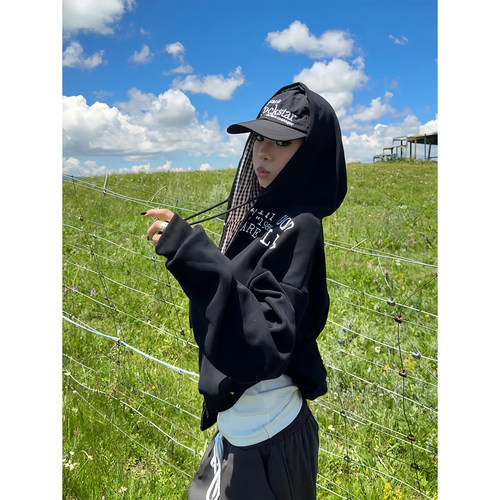 F383美式设计感内里格纹连帽卫衣
