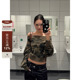 复古水洗迷彩短款 F383 美式 卫衣女百搭休闲设计感斜肩上衣秋冬ins