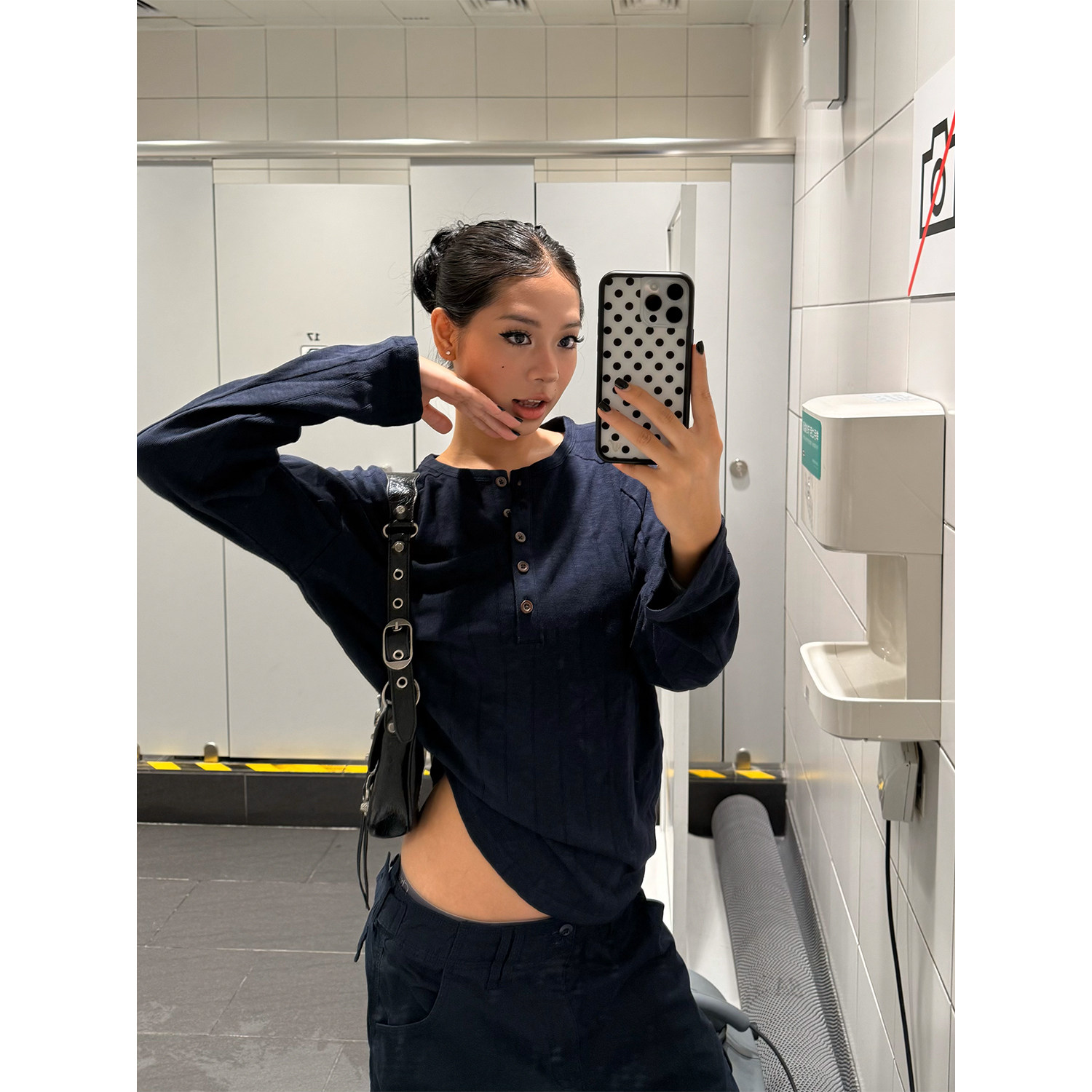 FFR 美式复古压印条纹设计感亨利领长袖T恤女春秋慵懒内搭上衣潮