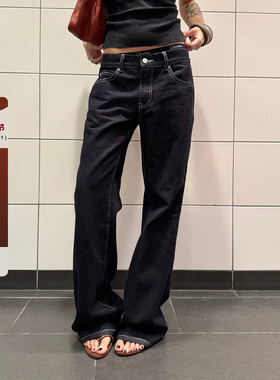F383 美式复古辣妹低腰牛仔裤女百搭直筒微喇垂感显瘦长裤子春秋