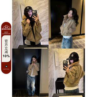 夹克外套女休闲保暖上衣ins 复古毛领麂皮绒夹棉铆钉长袖 F383 美式