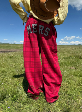 F383 美式复古街头红色格纹休闲裤男女新款宽松运动显瘦阔腿裤ins