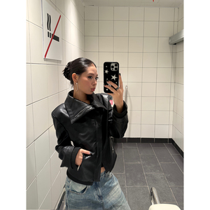 F383 美式复古拼接翻领斜边拉链修身显瘦百搭皮革夹克短外套女ins