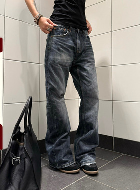 F383 美式复古cleanfit猫须闪电纹做旧牛仔裤男女直筒vibe裤子ins