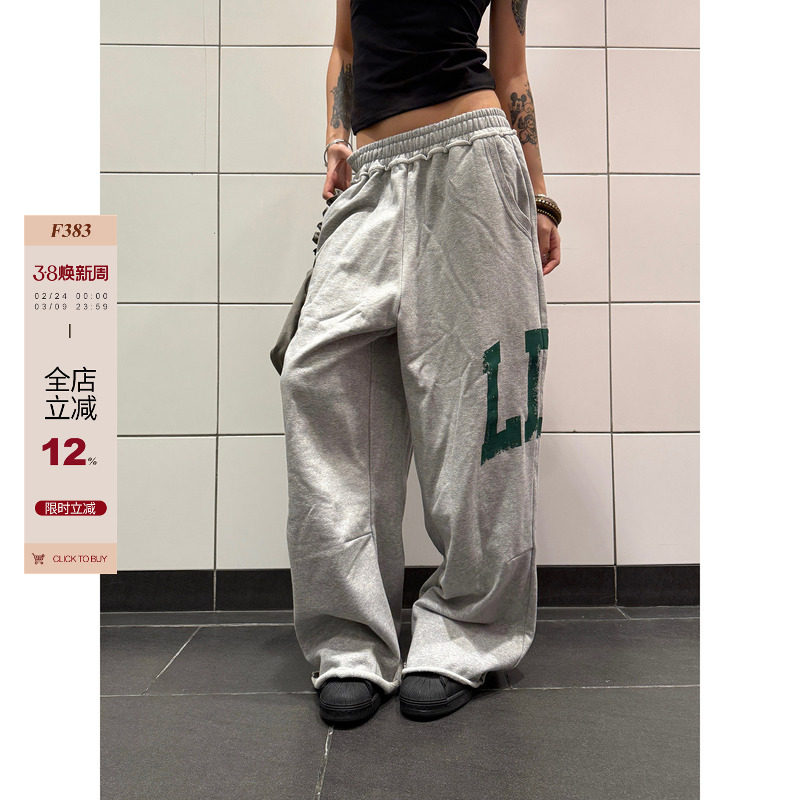 F383 美式复古字母印花卫裤男女宽松直筒阔腿拖地百搭长裤子辣妹