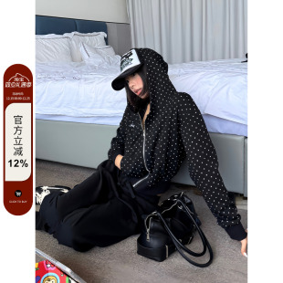 外套女秋款 F383 卫衣辣妹休闲百搭开衫 复古波点满印连帽短款 美式