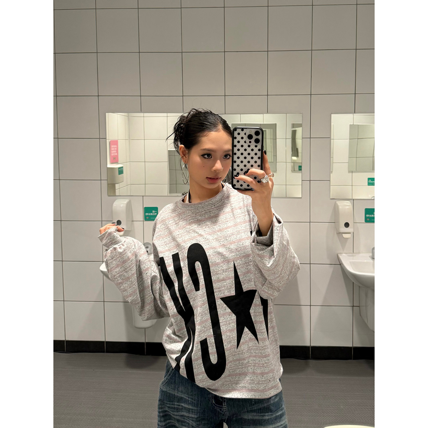 F383 美式复古字母印花条纹长袖T恤男女慵懒风宽松休闲百搭上衣潮