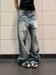 F383 American Retro Distressed Washed Vintage Whiskered Straight-Leg Jeans Unisex Loose Versatile Pants ins