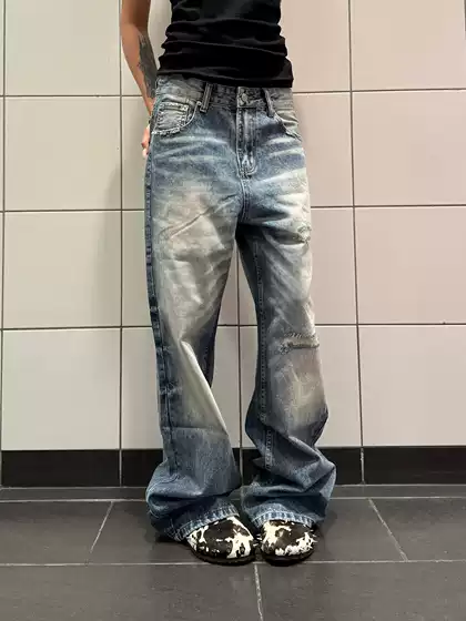 F383 American Retro Distressed Washed Vintage Whiskered Straight-Leg Jeans Unisex Loose Versatile Pants ins