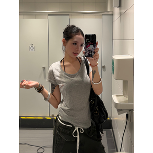 夏显瘦百搭修身 F383 短袖 复古U型领印花设计基础款 上衣女ins 美式