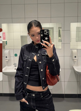 F383 美式复古解构质感牛仔外套立领宽松廓形修身显瘦工装夹克女