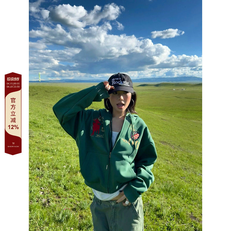 F383 美式复古设计感字母刺绣印花连帽卫衣男女重磅宽松百搭帽衫