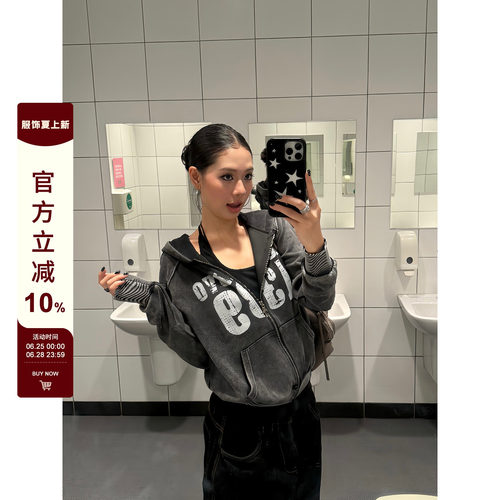 F383字母印花连帽水洗卫衣