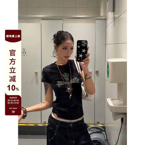 【F383】十字印花正肩短袖