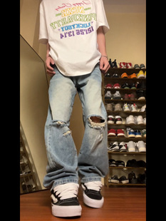 2023AW国潮原创美式 显瘦裤 水洗浅色破洞牛仔裤 薄款 男女夏季 F383