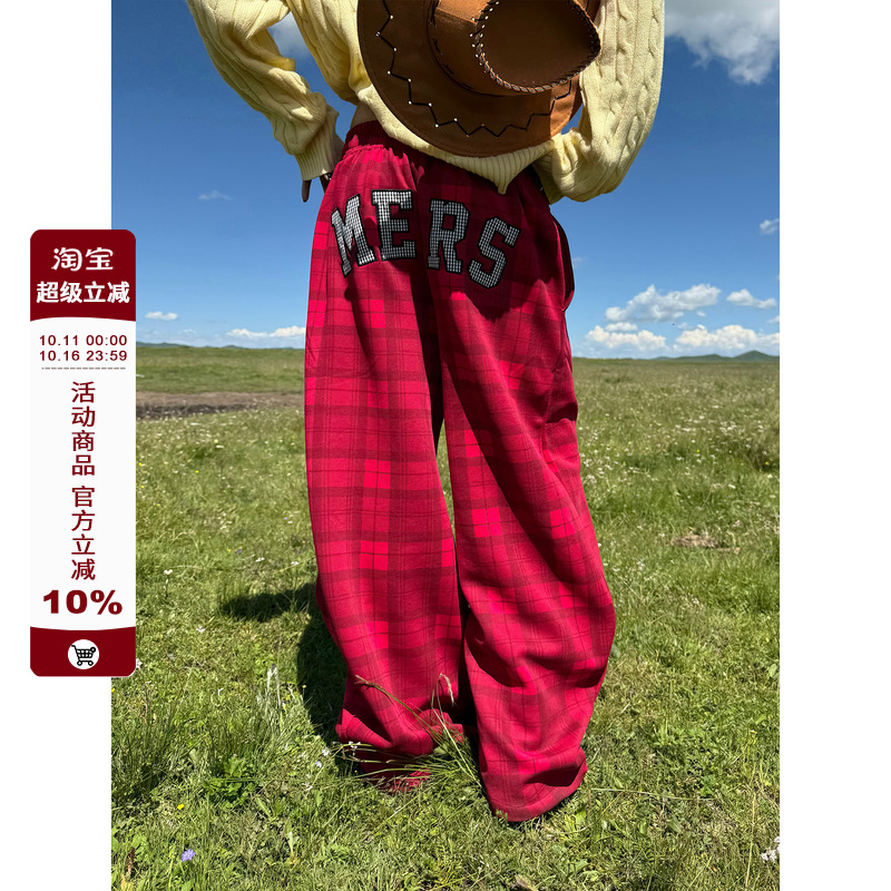 F383美式复古街头格纹休闲裤