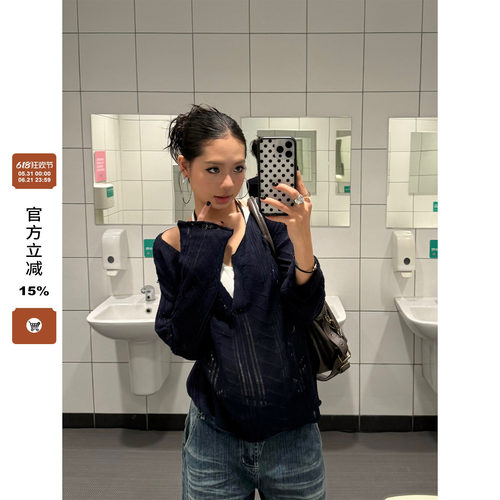 F383美式复古镂空针织长袖罩衫