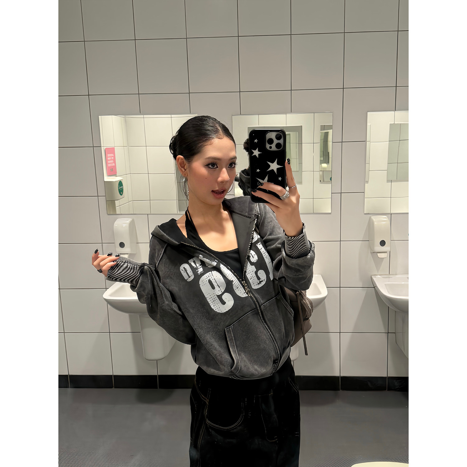 F383 美式复古水洗设计字母印花拉链连帽卫衣女宽松休闲百搭上衣