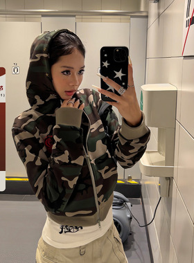 F383 2025美式复古慵懒撞色迷彩开衫连帽卫衣宽松显瘦短款外套女