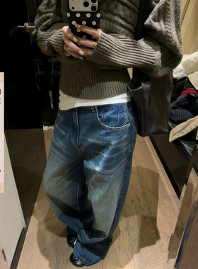F383 美式复古猫须水洗蓝磨白牛仔裤做旧纹理感直筒宽松休闲长裤