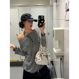 辣妹打底衫 F383 上衣女显瘦薄款 复古高级感条纹撞色防晒长袖 美式