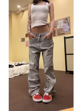 F383 2024AW国潮原创水洗烟灰色弹力牛仔裤男女款复古美式直筒裤