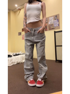 直筒裤 F383 复古美式 男女款 2024AW国潮原创水洗烟灰色弹力牛仔裤