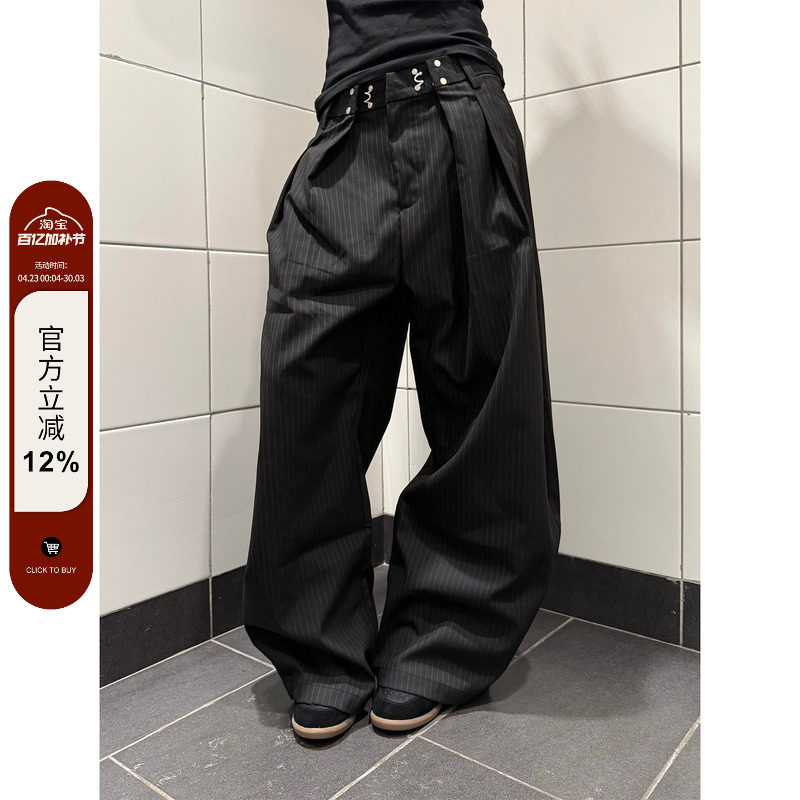 F383 美式复古条纹褶皱弯刀西裤男女cleanfit廓形高级感休闲裤子