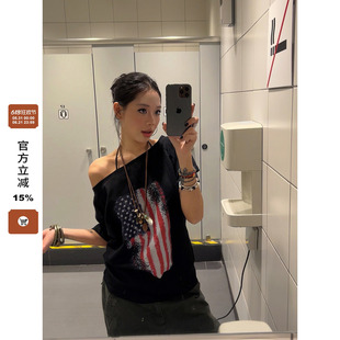 F383 2025美式复古旗帜印花斜肩短袖宽松T恤百搭辣妹休闲慵懒风女