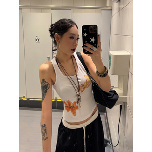 植物花卉印花工字背心辣妹修身 夏季 显瘦休闲上衣ins 2025美式 F383