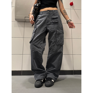 男女宽松直筒cleanfit休闲裤 F383 裤 复古多口袋拼接做旧工装 美式