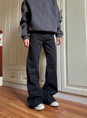 F383 2025美式复古百搭直筒微喇修身显瘦基础黑白色简约长裤男女