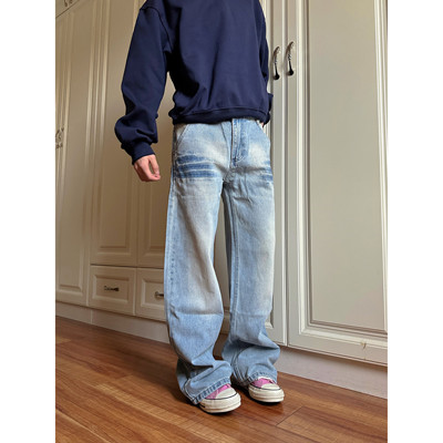 【F383】浅色磨白猫抓牛仔裤