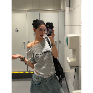 设计感圆领辣妹T恤简约百搭上衣潮 复古丝网条纹印花短袖 F383 美式