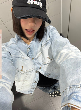 F383 美式复古猫须磨白立领牛仔夹克女水洗酷飒风宽松短款外套ins