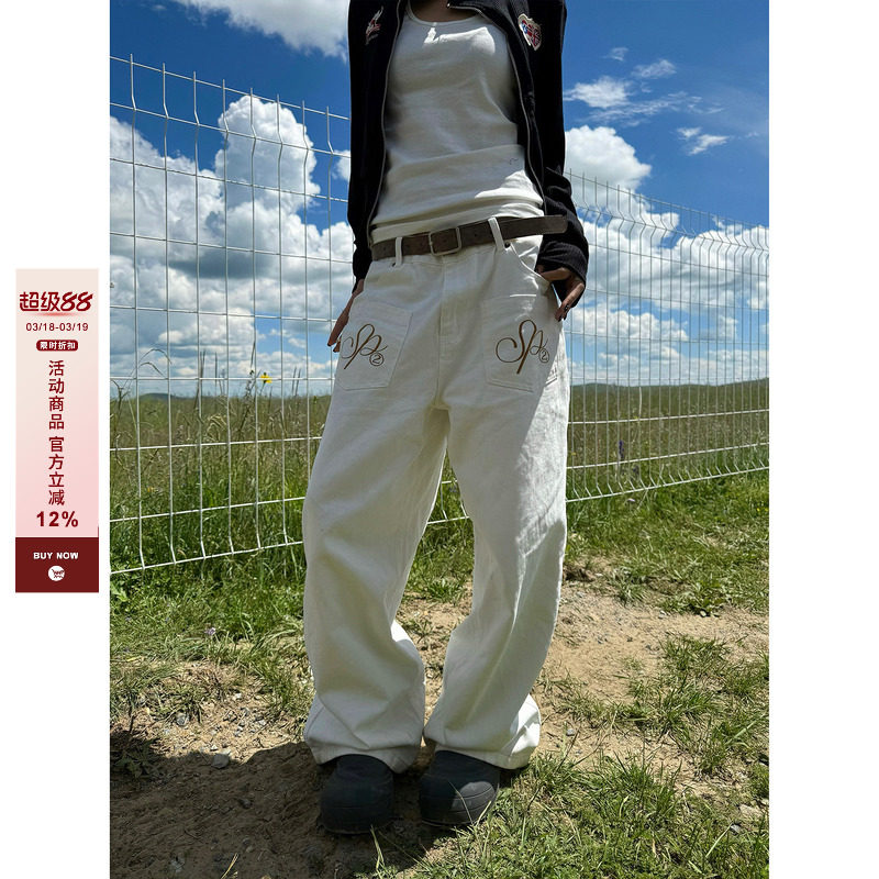 F383 美式复古刺绣水洗弯刀牛仔裤设计感直筒休闲阔腿百搭长裤潮