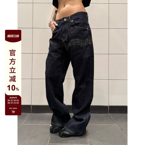 F383设计感音符刺绣绑带牛仔裤