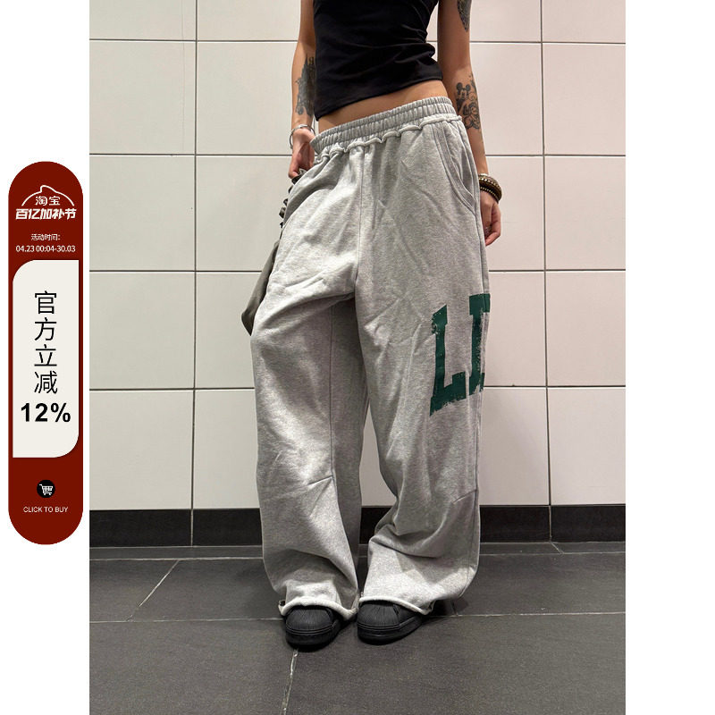 F383 美式复古字母印花卫裤男女宽松直筒阔腿拖地百搭长裤子辣妹